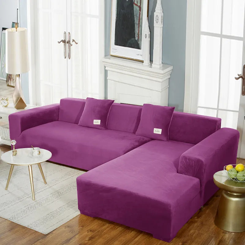 Deep purple stretch velvet sofa cover on sectional with uniform texture