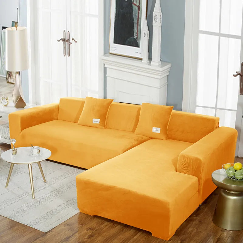 Mustard yellow stretch velvet sofa cover on sectional with tight drape