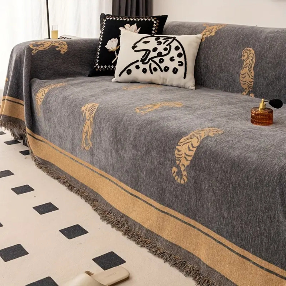 Luxurious Chenille Sofa Cover – Reversible Design with Striking Tiger Motif 0