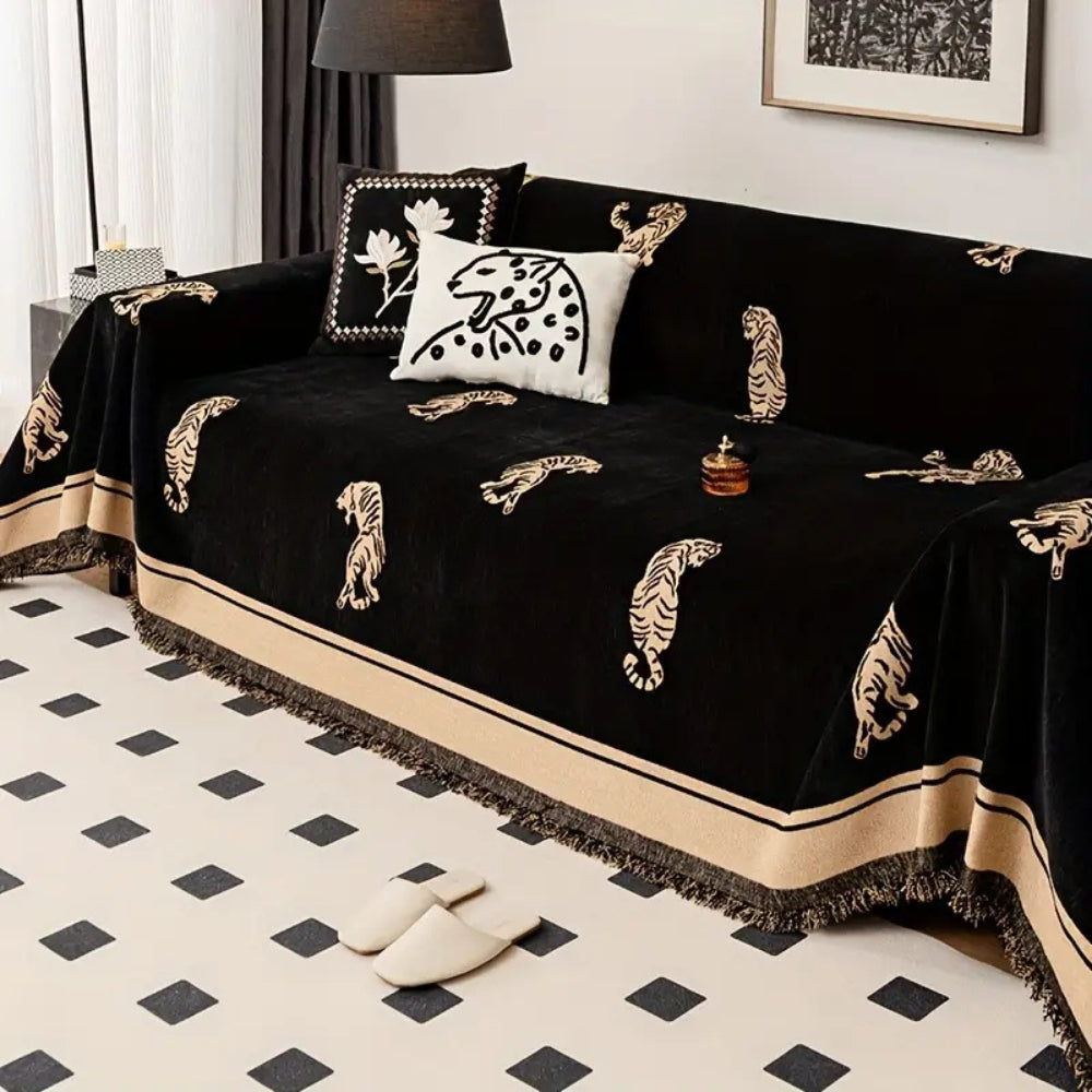Luxurious Chenille Sofa Cover – Reversible Design with Striking Tiger Motif 2