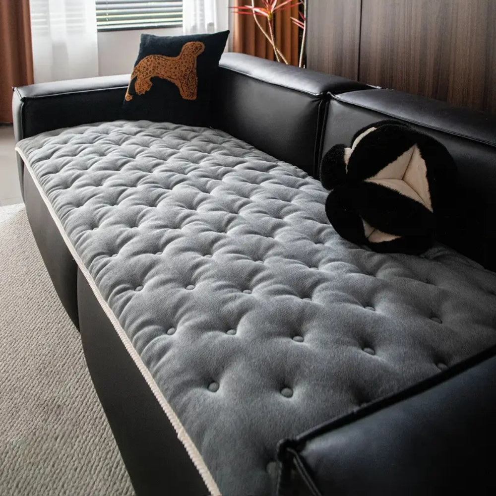 Luxurious Plush Sofa Cover – Elegant Button-Tufted Microfiber Blend for Dogs 0