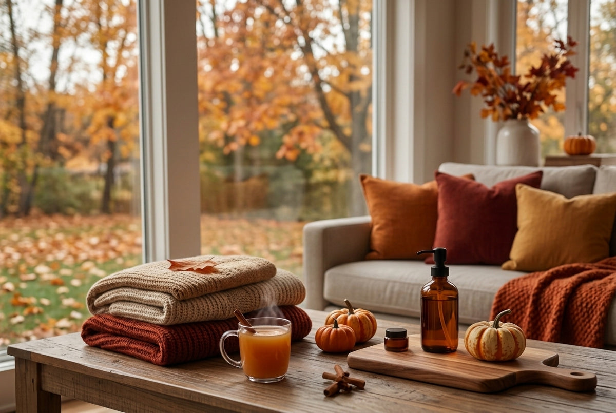 A cozy autumn living room scene with folded knit blankets in beige, rust, and burgundy on a wooden table, alongside a glass mug of orange drink, small pumpkins, and an amber bottle. A sofa with orange and burgundy pillows sits by large windows showing an outdoor fall landscape.