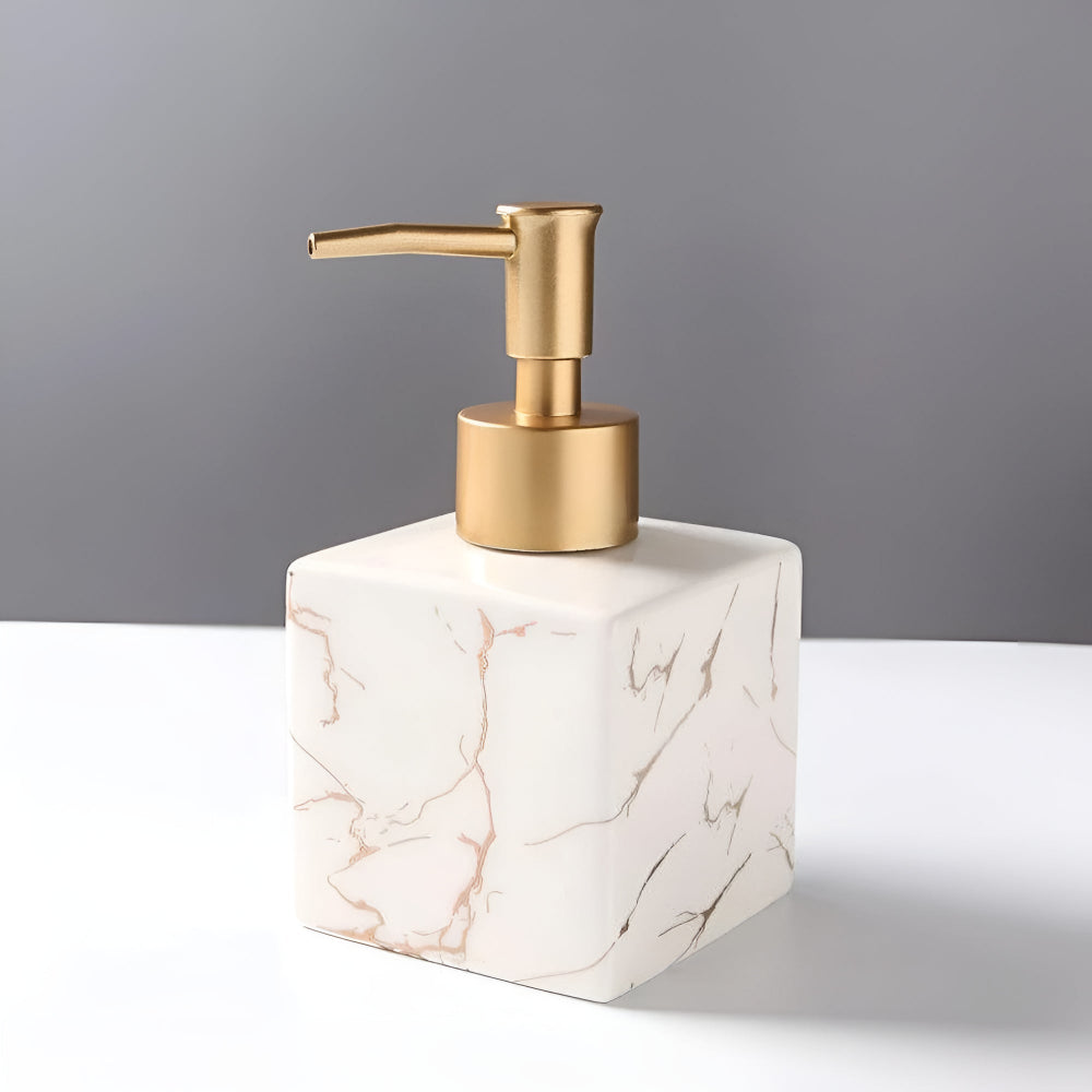 White square ceramic soap dispenser with copper marble pattern