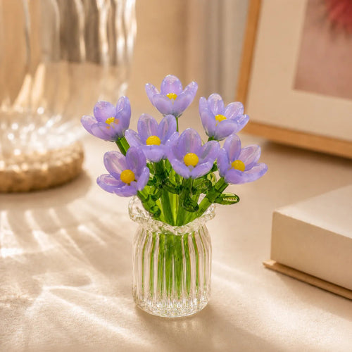Miniature Glass Flowers | 7-Piece Red Tulip Bouquet Ribbed Clear Vase Handcrafted