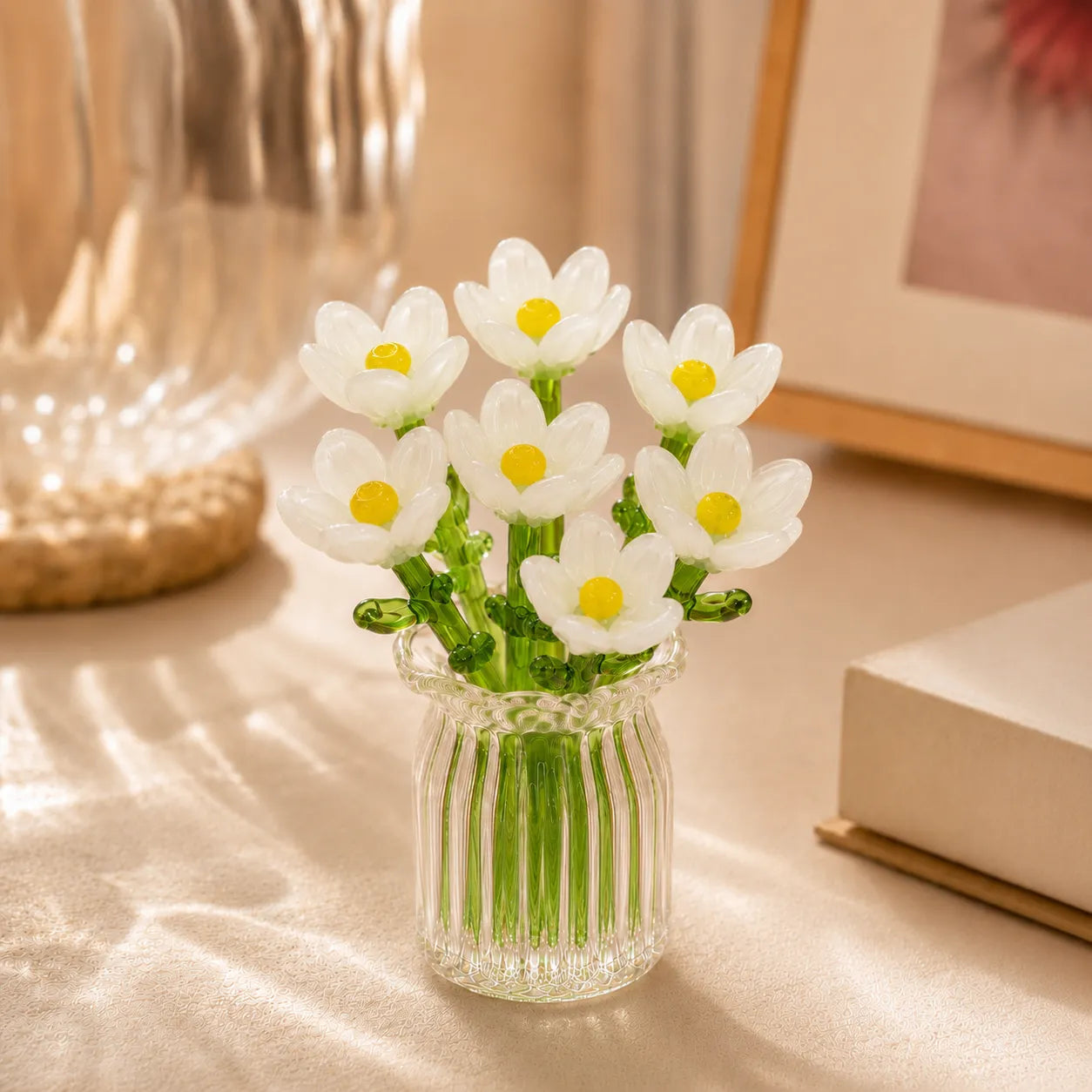 White hand-blown glass tulip bouquet with green stems and vase