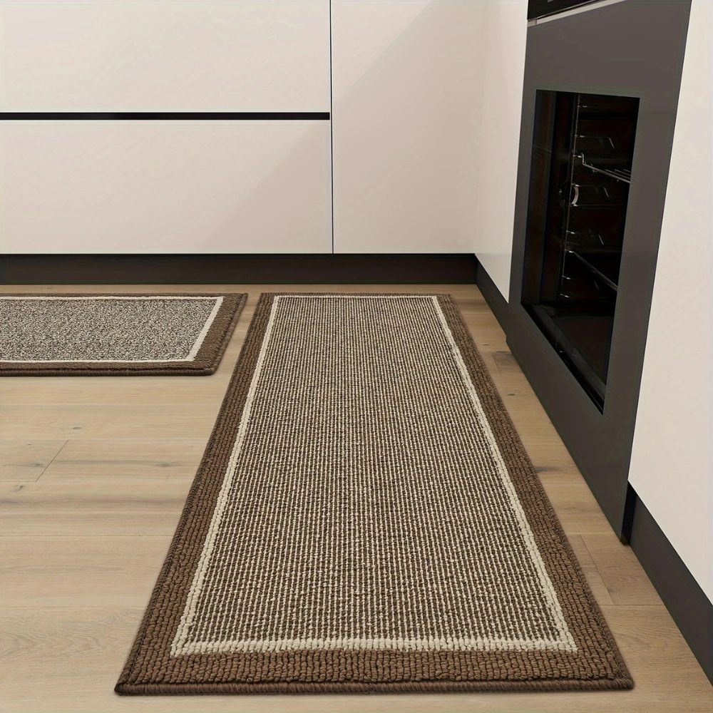 Brown ribbed looped pile kitchen runner mat with cream geometric border