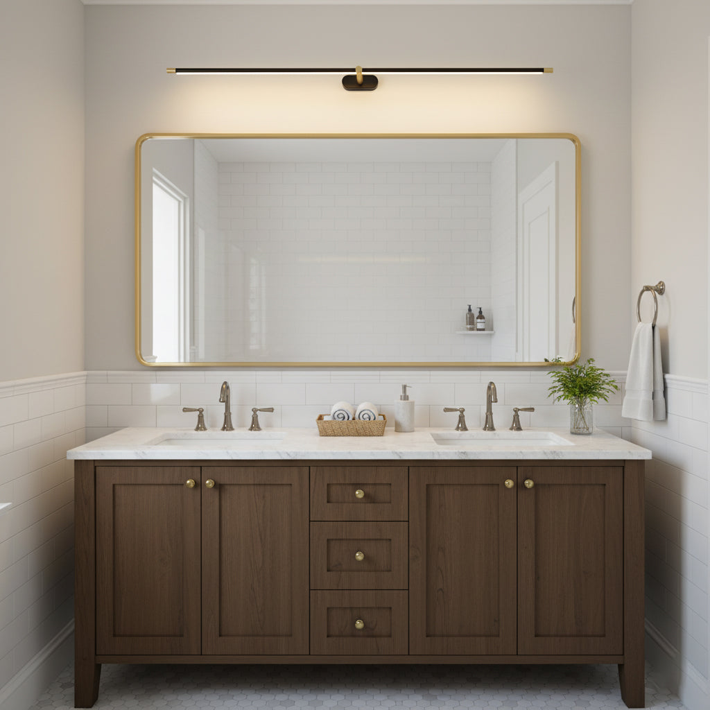 Black and gold vanity wall sconce providing even lighting for bathroom mirror