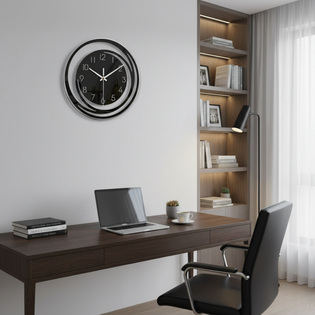 Silent geometric wall clock in home office above dark wood desk