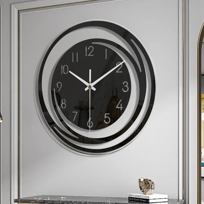 Glossy finish detail of silent geometric wall clock on paneled wall