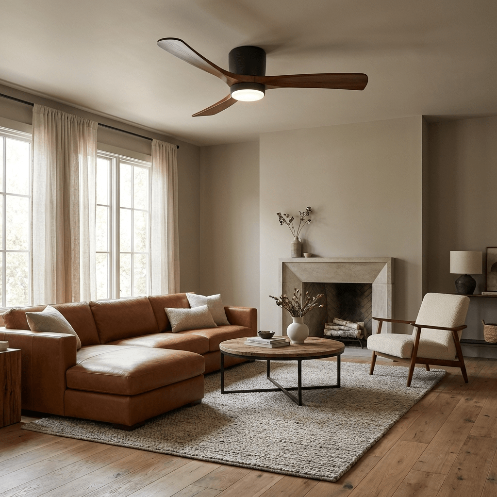 Modern black ceiling fan with wood blades in living room setting