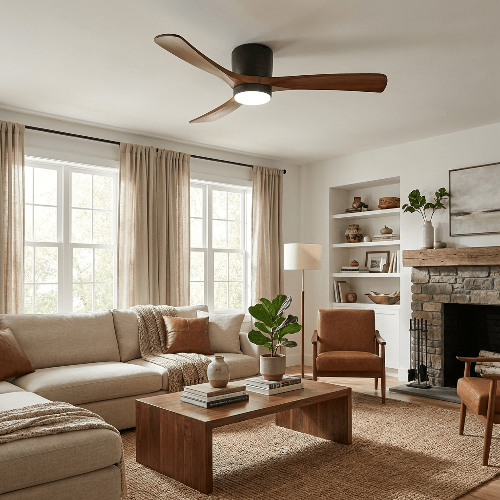 Grey modern ceiling fan with natural wood blades and LED light