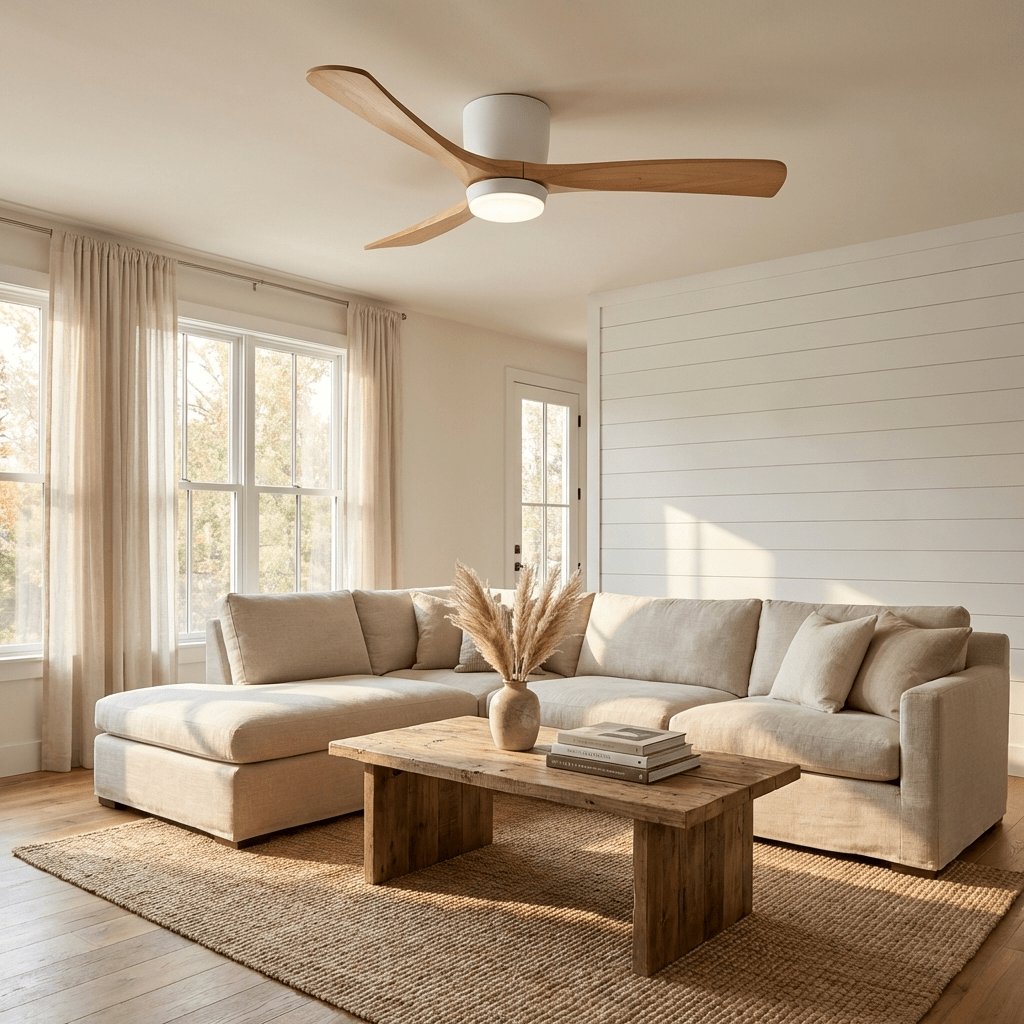 White Scandinavian style ceiling fan with light above beige sofa