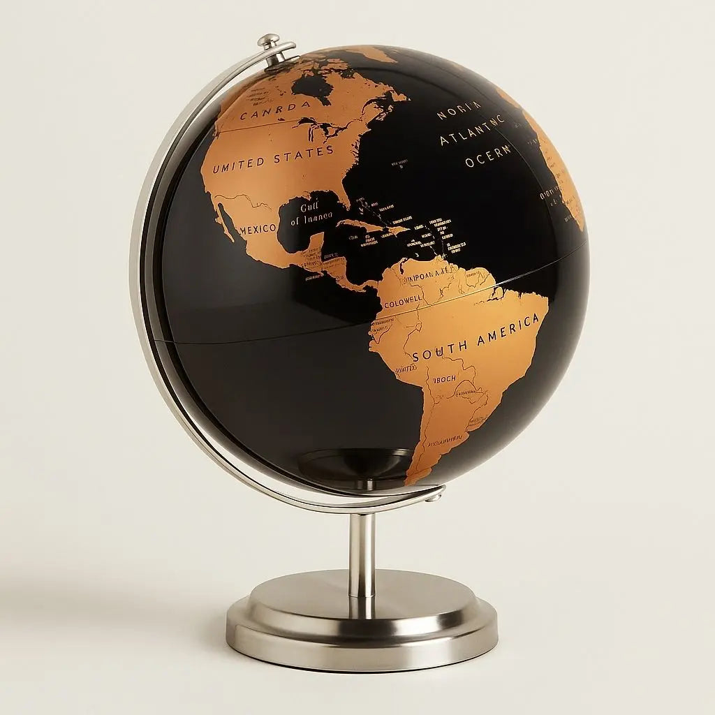 Copper continent desk globe on brushed steel stand