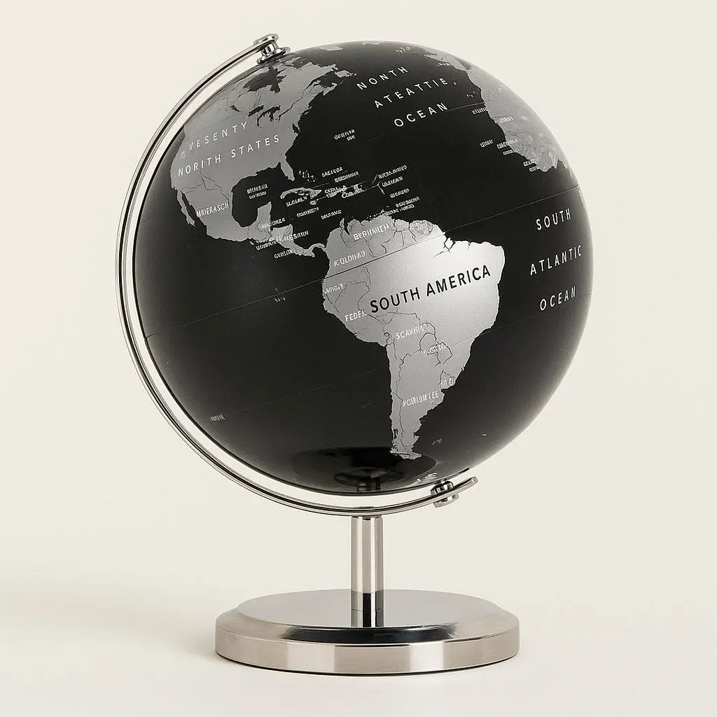 Modern desk globe with silver continents and chrome stand