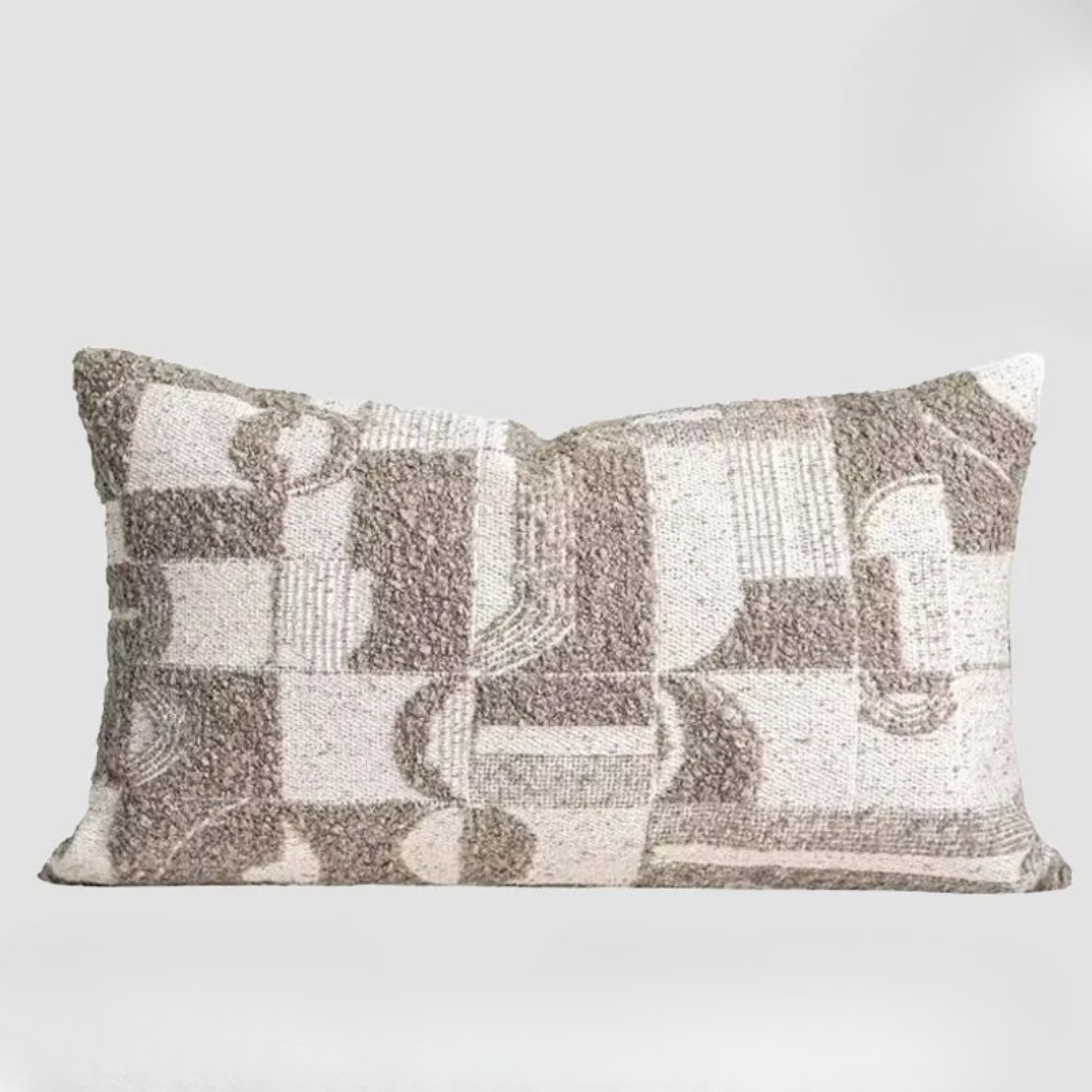 Geometric patchwork beige and off-white lumbar pillow