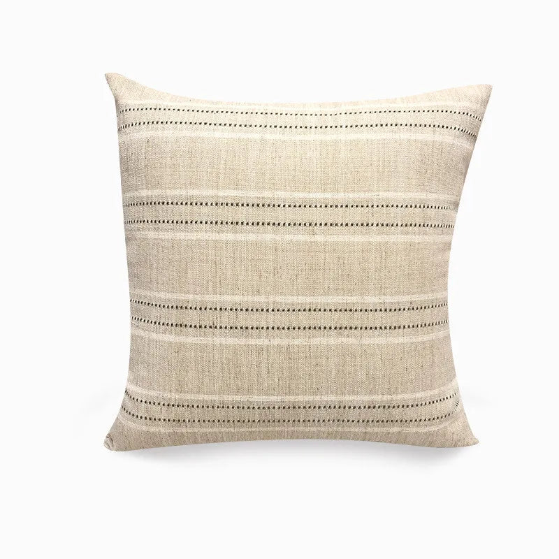 Beige linen pillowcase with gray striped pattern and slub-weave texture