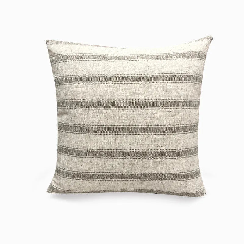 Brown and off-white horizontal striped linen cushion cover