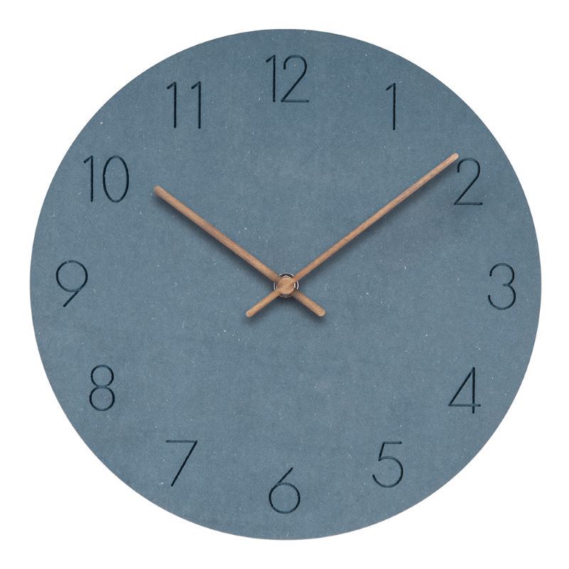 Blue-grey textured wall clock with light brown wooden hands