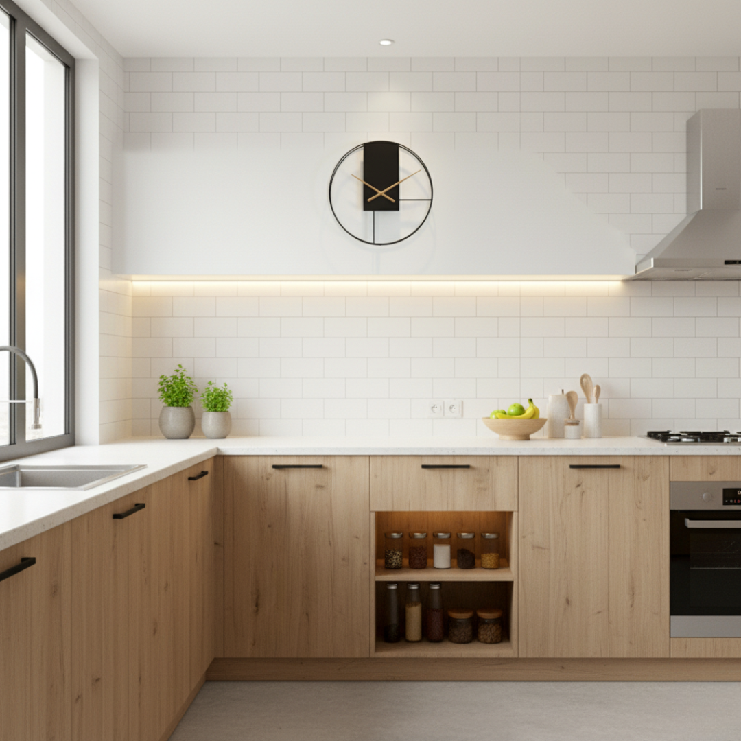 Minimalist black and gold geometric clock in modern kitchen decor