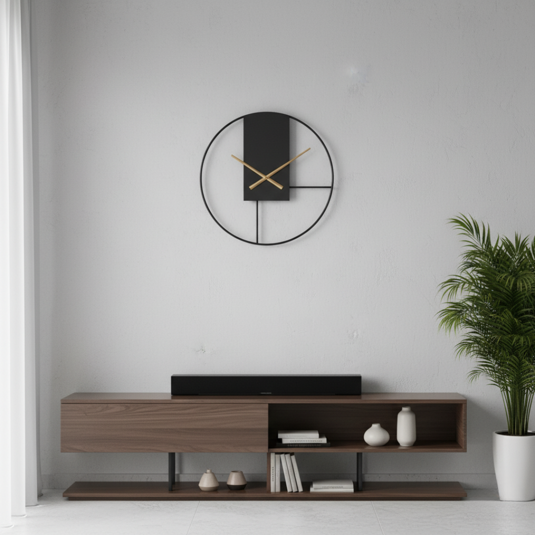 Modern black and gold geometric wall clock in living room setting