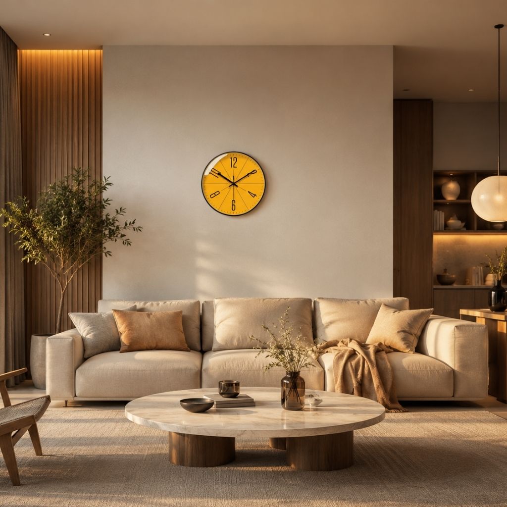 Yellow Nordic style wall clock mounted above beige sofa in modern living room decor