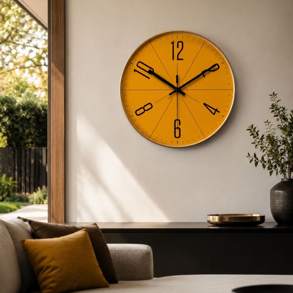 Yellow wall clock with gold frame mounted on light wall in modern living space with plants