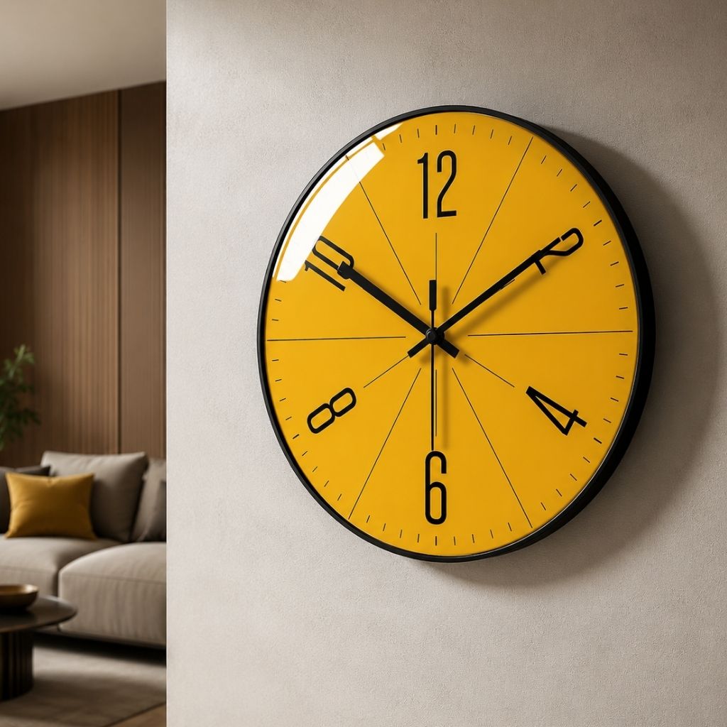 Round yellow face wall clock with black rim hanging on textured gray living room wall