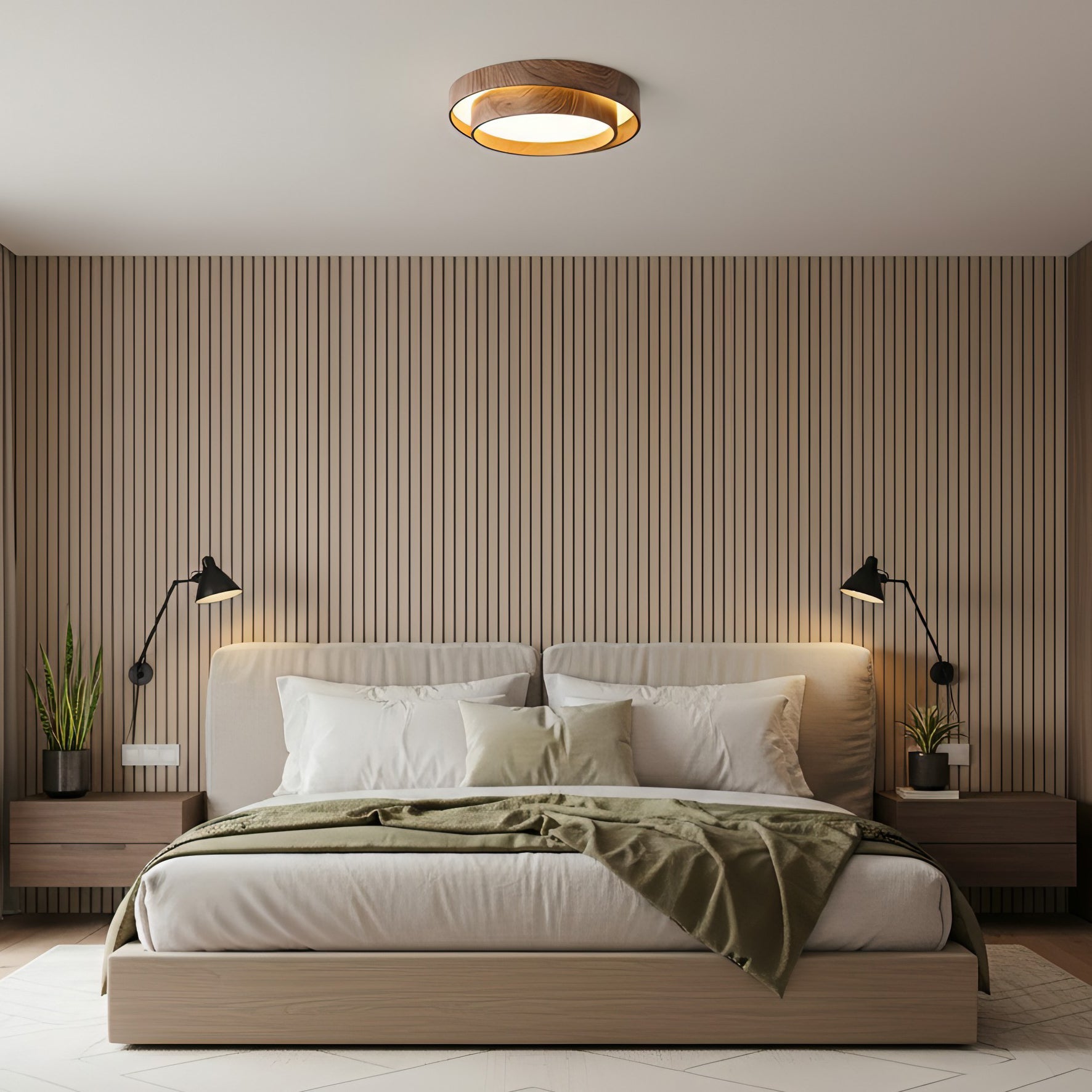 Layered walnut grain wood ceiling lamp mounted above bedroom bed