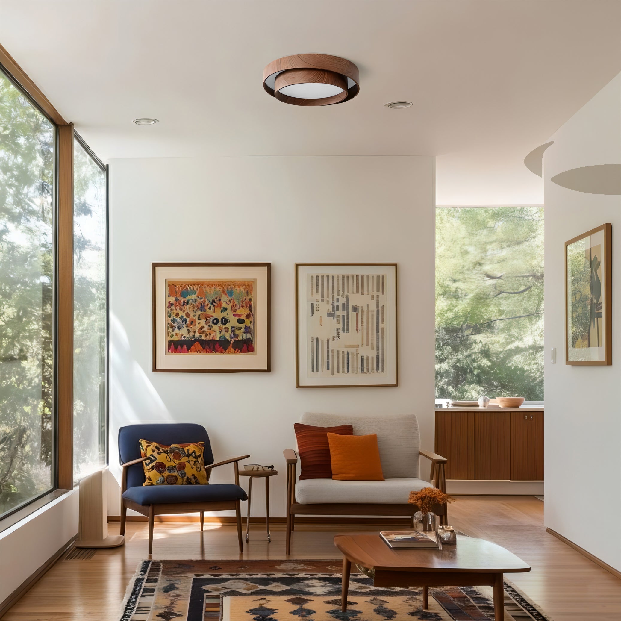 Scandinavian round wooden LED ceiling fixture with warm glow in mid-century space