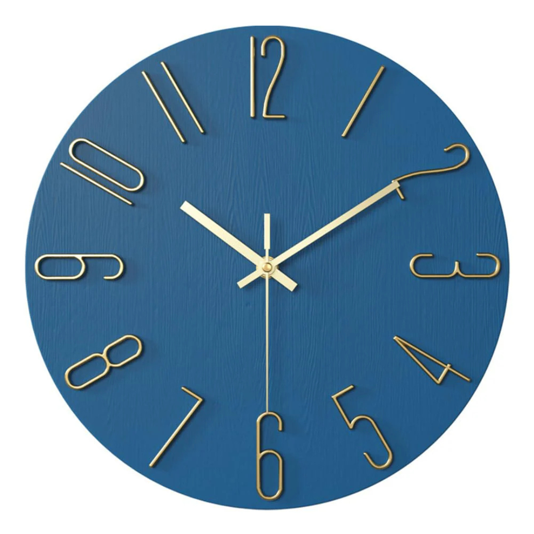Modern minimalist wall clock with textured blue face and gold wire numerals
