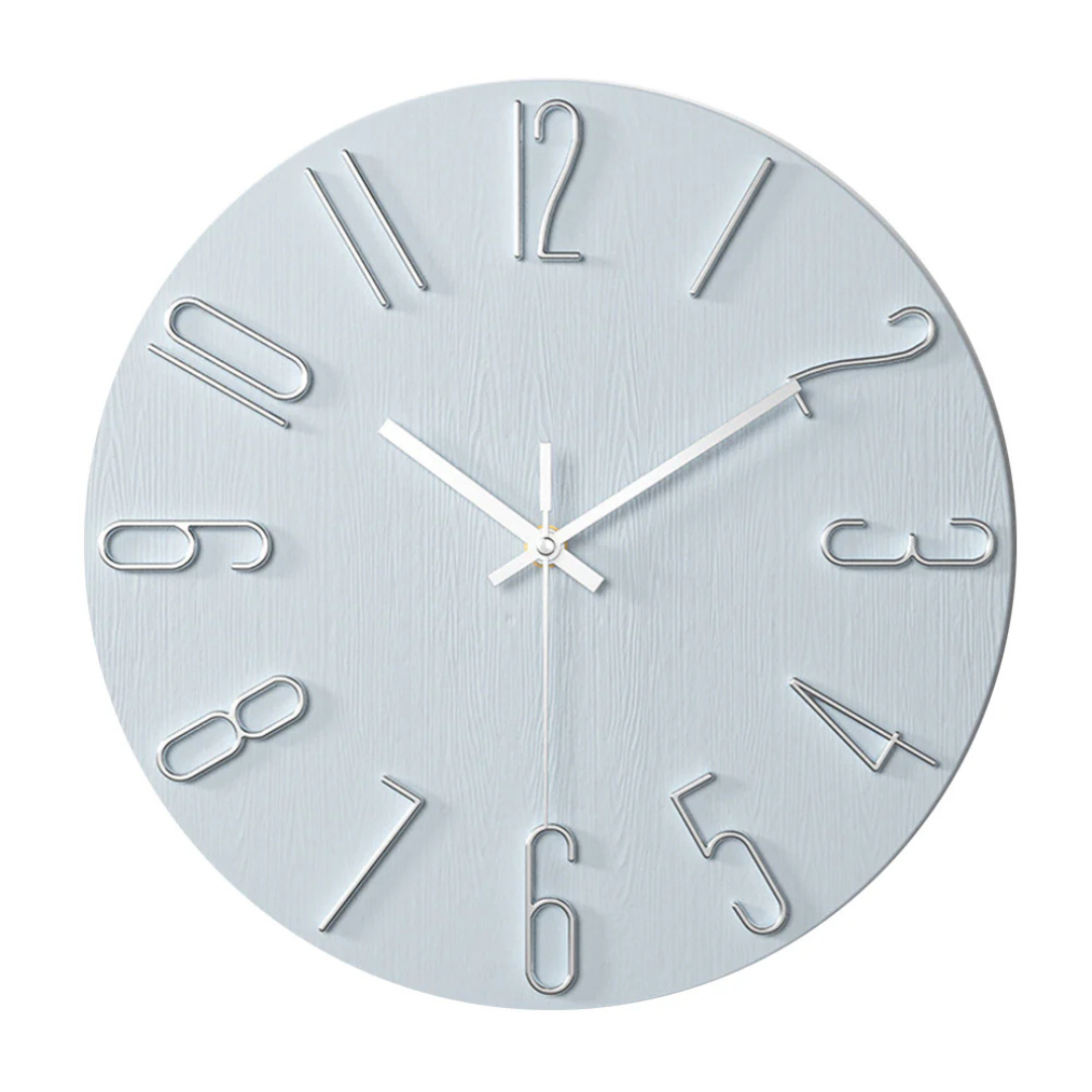 Light blue wood grain wall clock with silver minimalist design accents