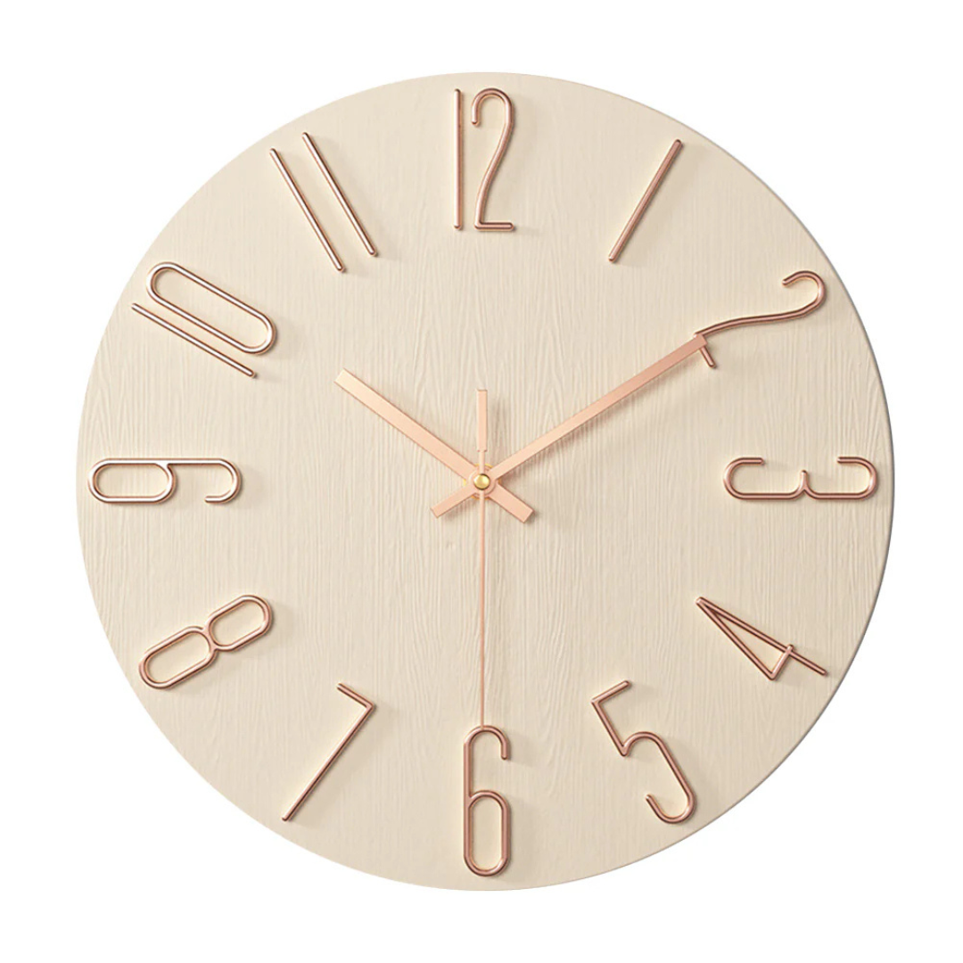 Minimalist beige wall clock featuring rose-gold wire numerals and hands