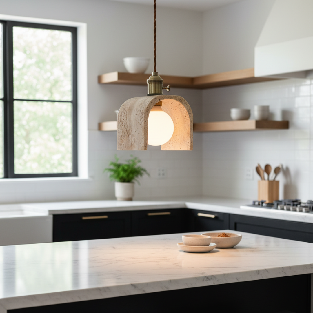 Modern Travertine Ceiling Pendant - 150mm Arched Geometric LED Flush Mount, E27 1