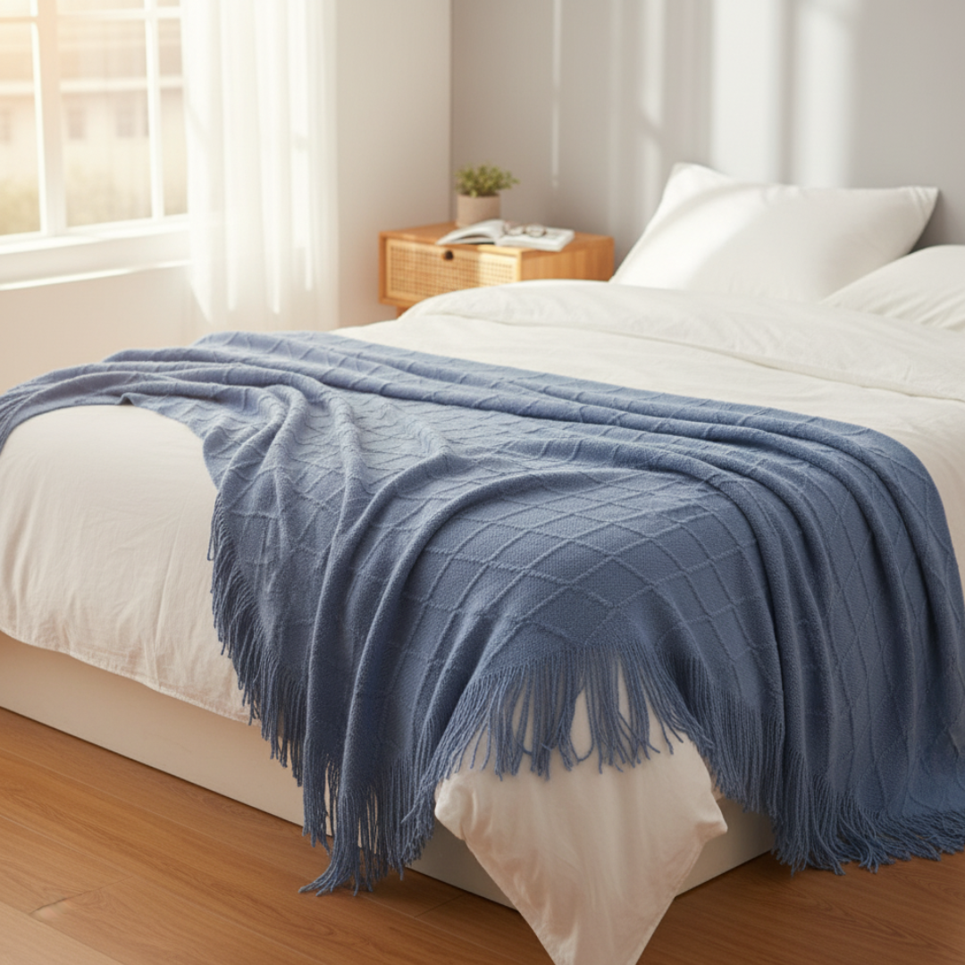 Monarch Diamond Bobble Knit Throw Blanket - Lightweight Geometric Lattice with Tassels