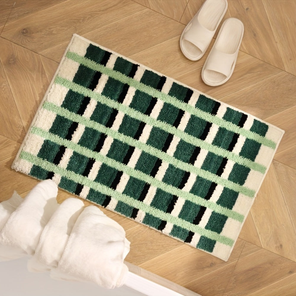Moss Green Plush Non-Slip Bath Mat – Soft Geometric Design for Modern Bathrooms 3
