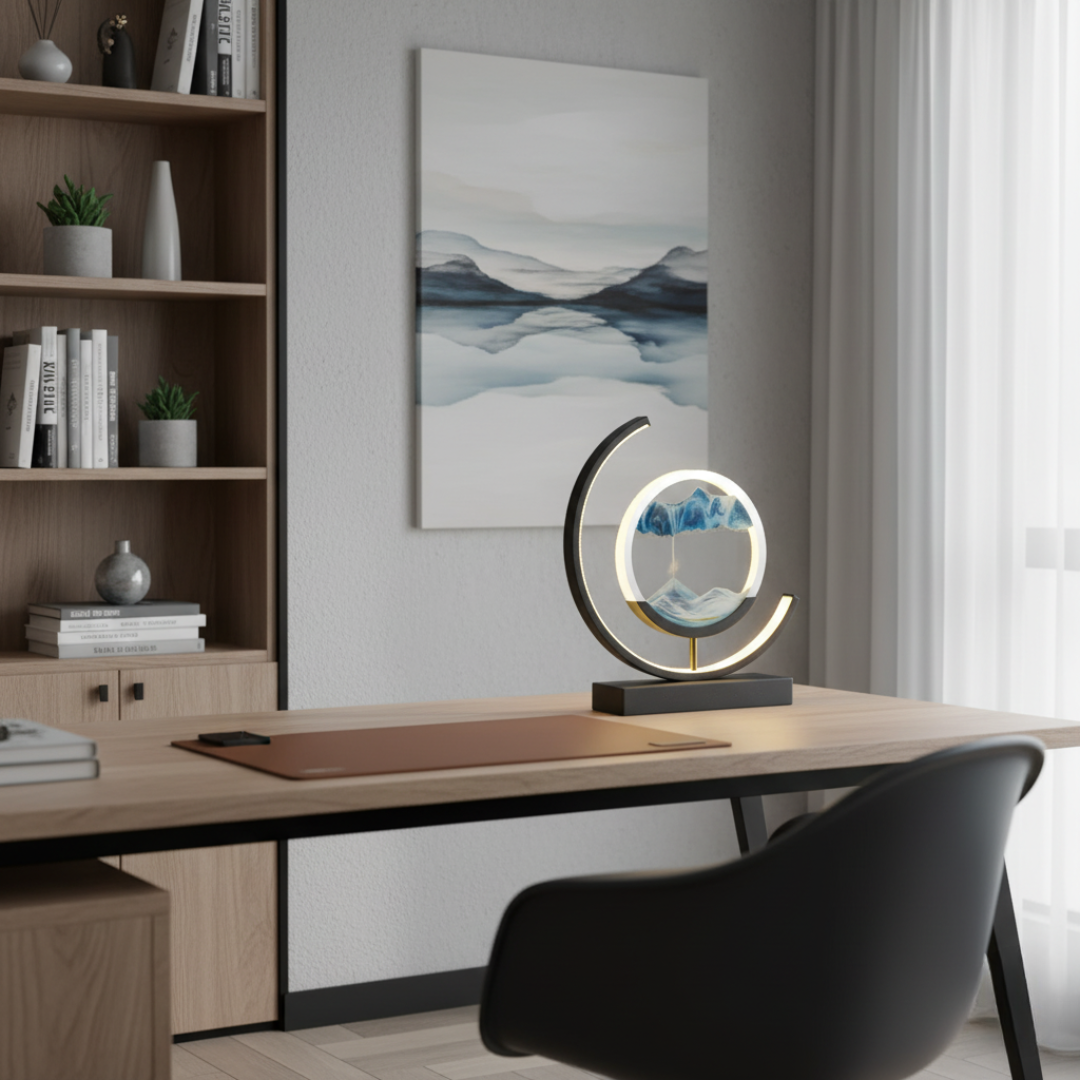 Moving Sand Art Desk Lamp - Round Kinetic Sandscape LED Light, Aluminum & Glass 1