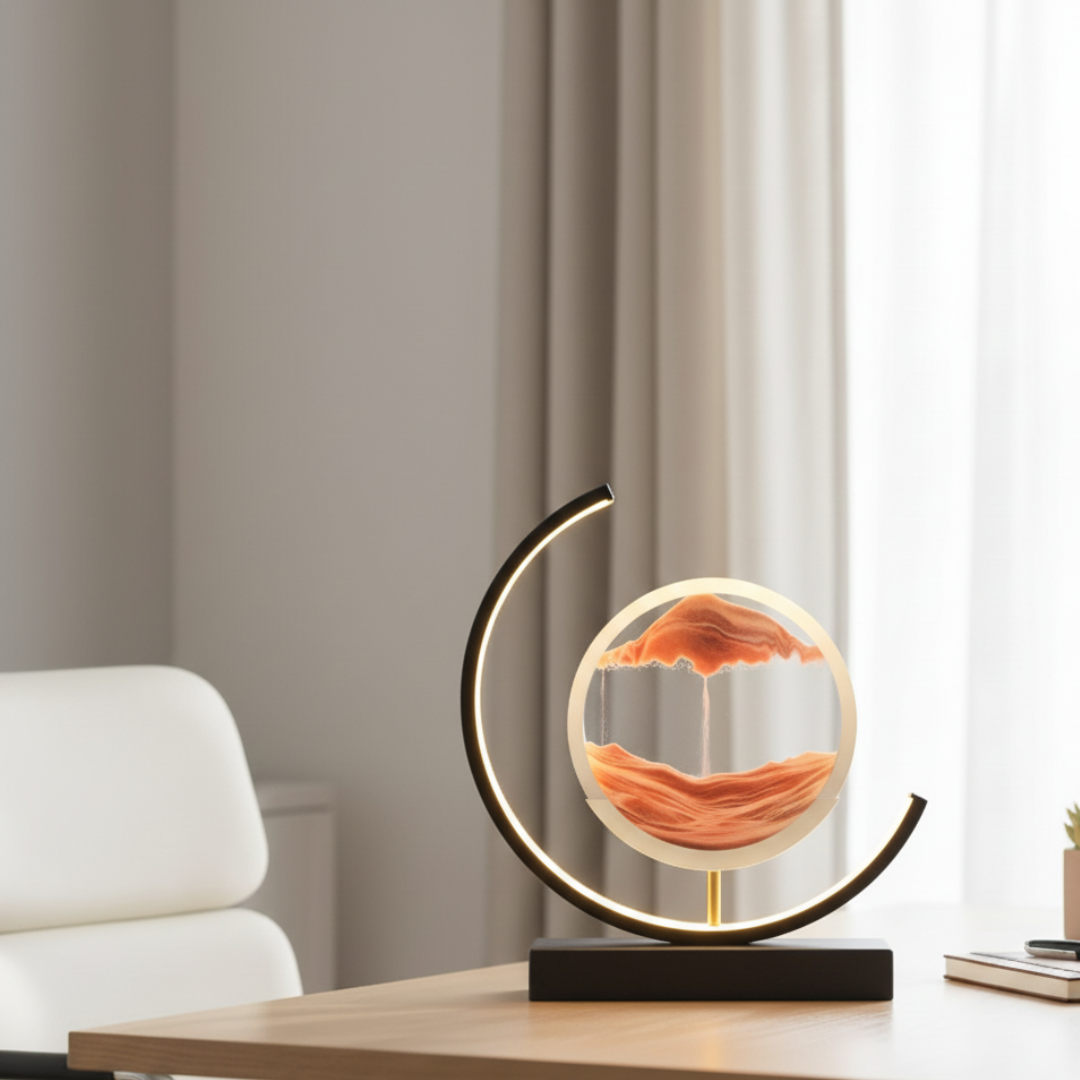 Moving Sand Art Desk Lamp - Round Kinetic Sandscape LED Light, Aluminum & Glass 11