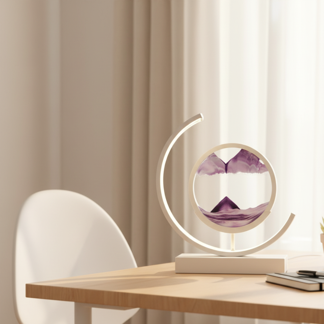 Moving Sand Art Desk Lamp - Round Kinetic Sandscape LED Light, Aluminum & Glass 12