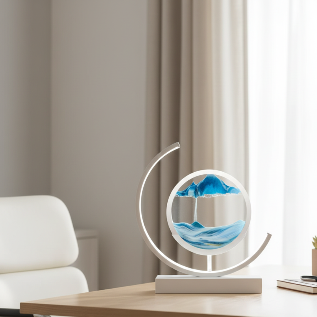 Moving Sand Art Desk Lamp - Round Kinetic Sandscape LED Light, Aluminum & Glass 13