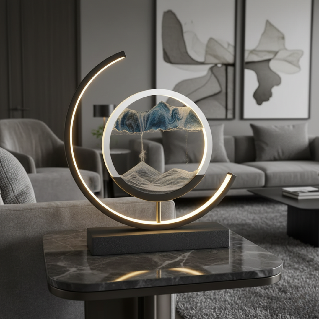 Moving Sand Art Desk Lamp - Round Kinetic Sandscape LED Light, Aluminum & Glass 5
