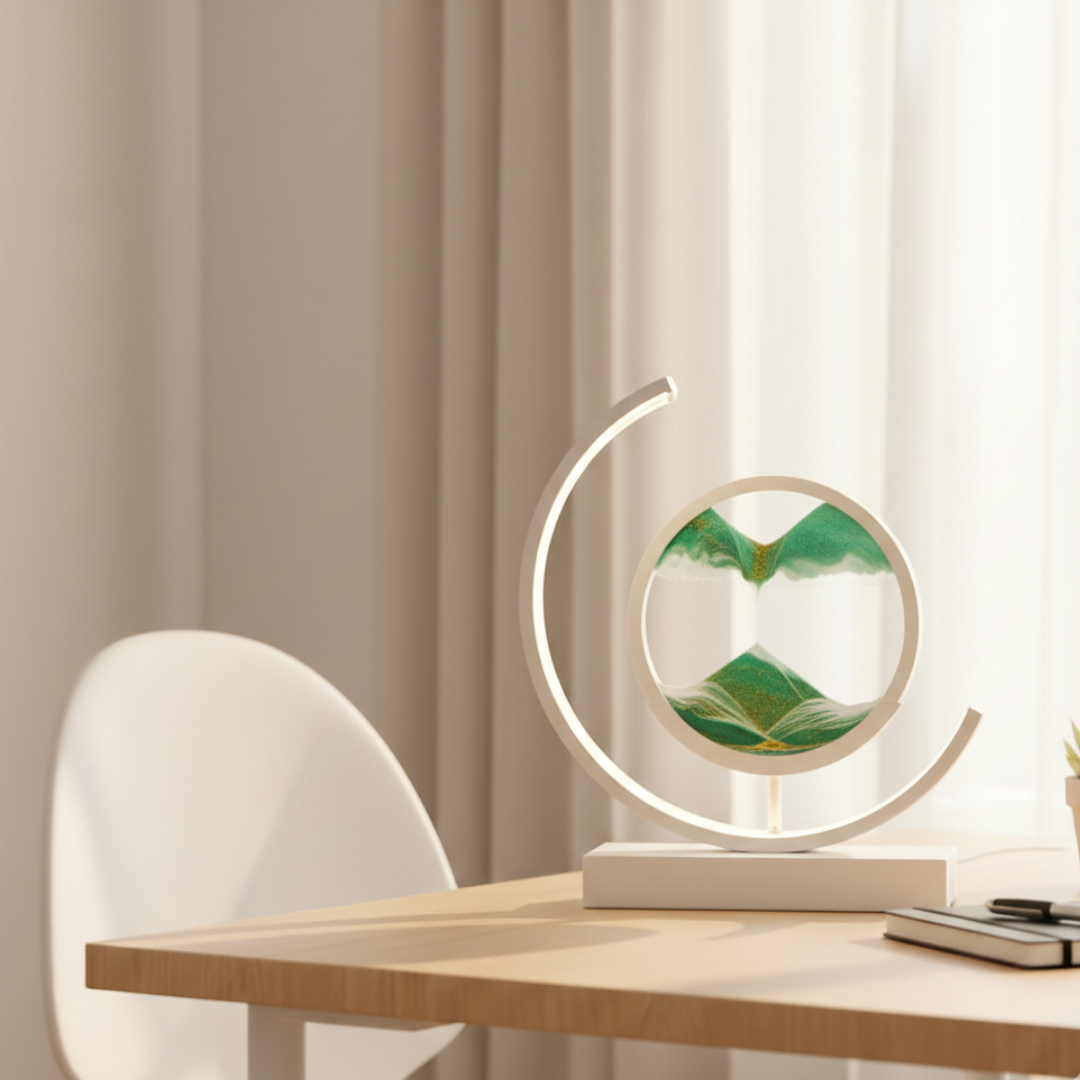 Moving Sand Art Desk Lamp - Round Kinetic Sandscape LED Light, Aluminum & Glass 9