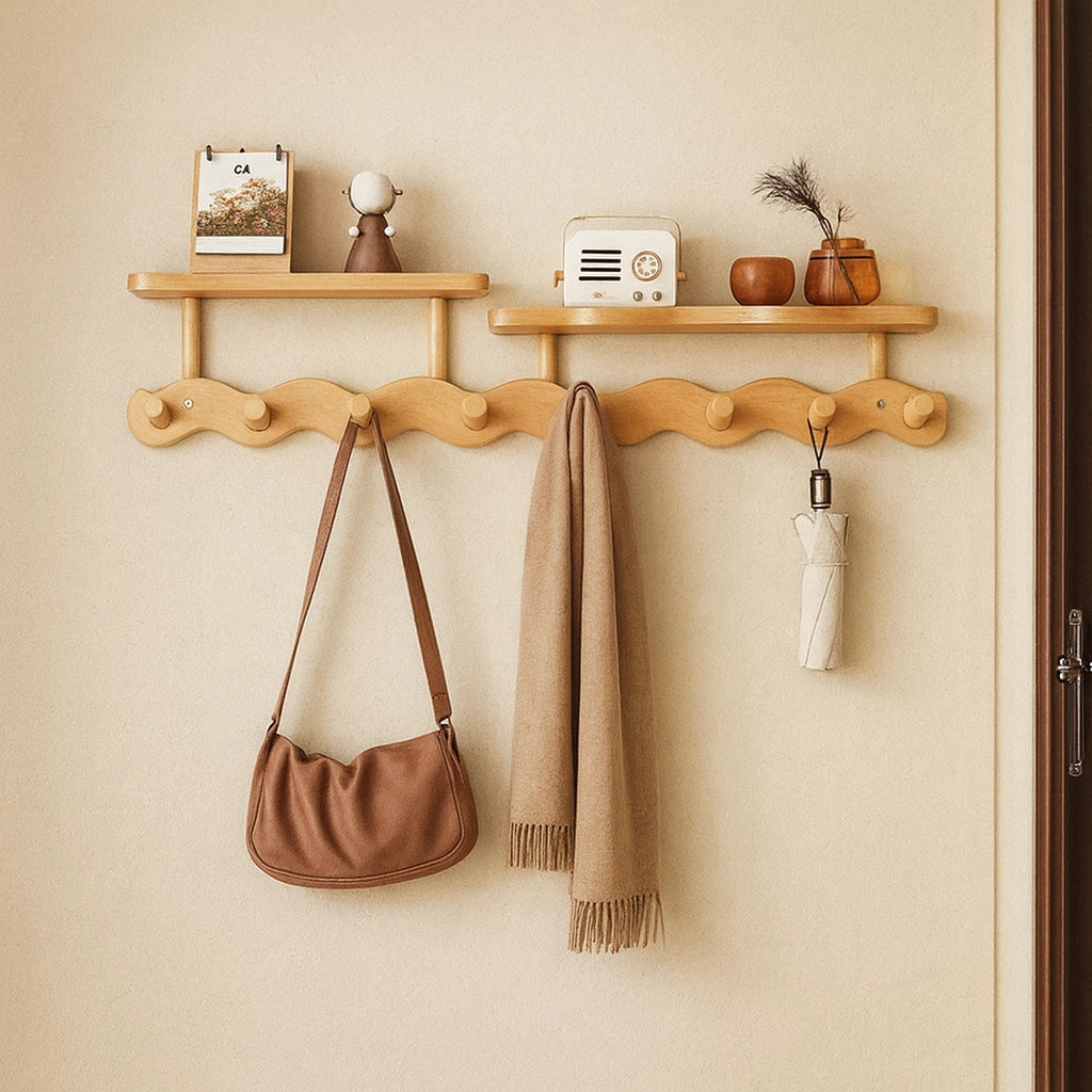 Bamboo coat rack with separated side shelves and central wavy hook bar for keys