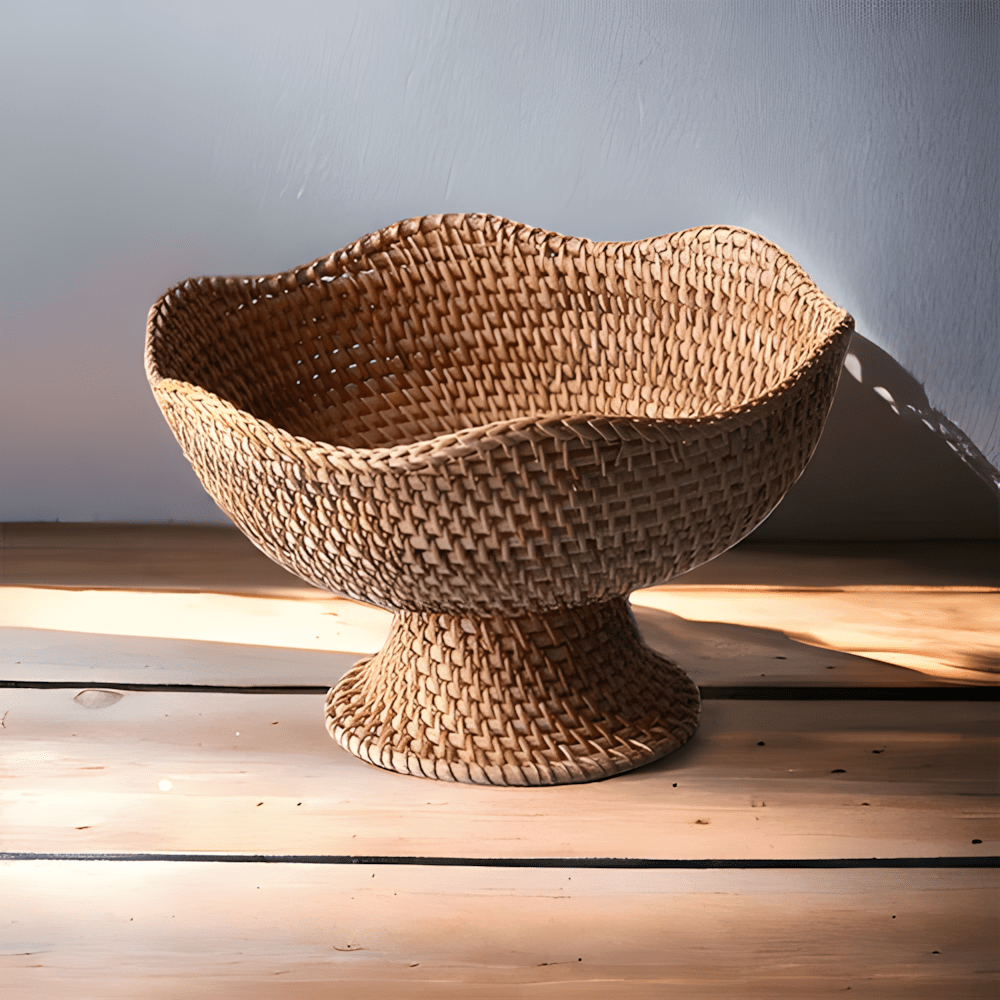 Empty natural rattan pedestal fruit bowl casting shadow on wooden floor