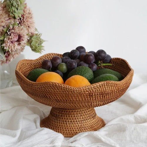 Natural Rattan Fruit Basket | Pedestal Stand Wavy Scalloped Rim Handwoven