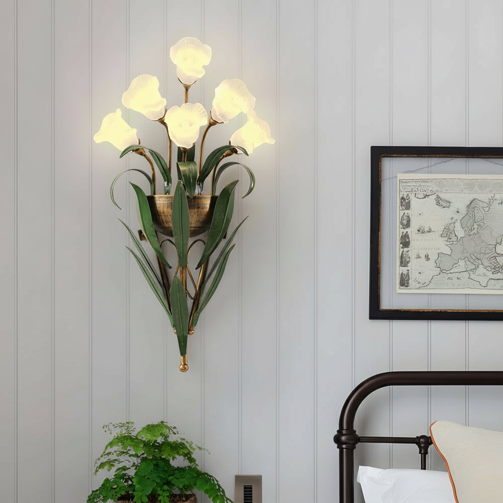 Nature-Inspired Floral Wall Sconce – Elegant Glass and Antique Iron Design 0