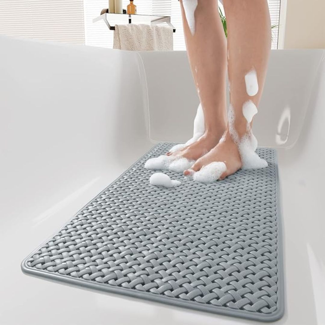 Non-Slip Bathtub Mat Shower Safety Pad – Innovative Suction Cups Grey Woven Style