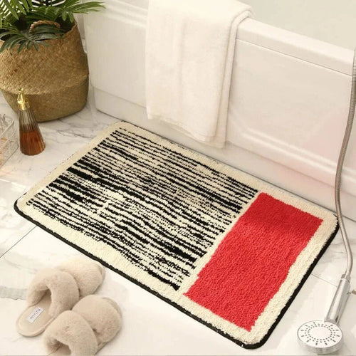 Nordic Abstract Bath Mat | Color Block Crimson Red Scribble Pattern Cream Plush