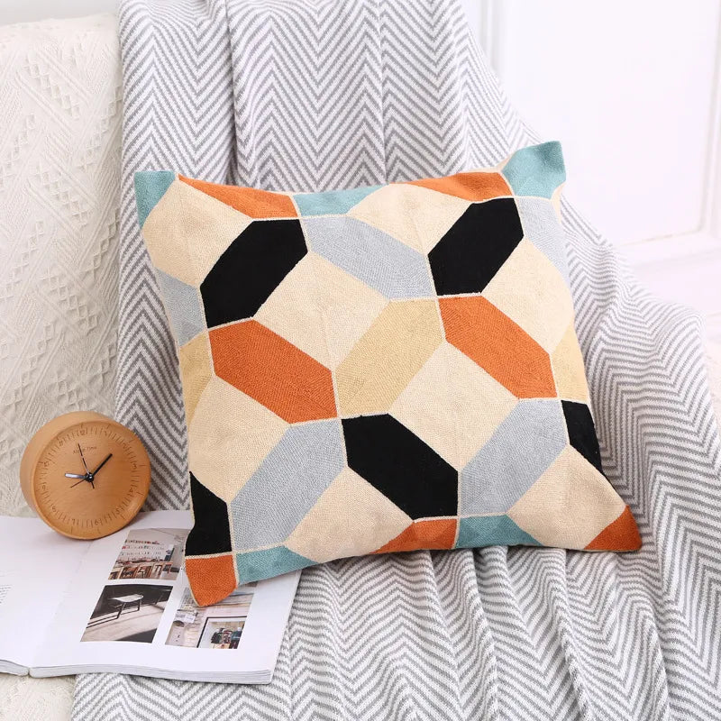Orange and blue 3D cube geometric pattern cushion for modern living room decor