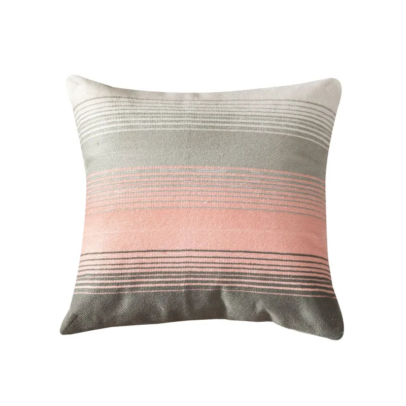 Gray and pink striped boho cushion cover with gradient bands on white background