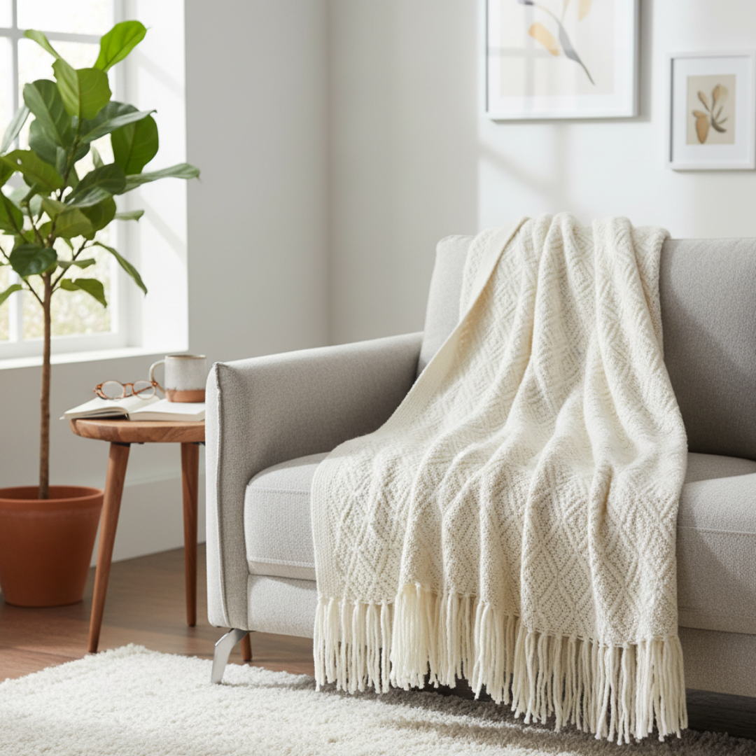 Nordic Flat Knit Blanket - Minimalist Geometric Lattice Design - Lightweight Decorative Sofa Throw with Unbraided Fringe